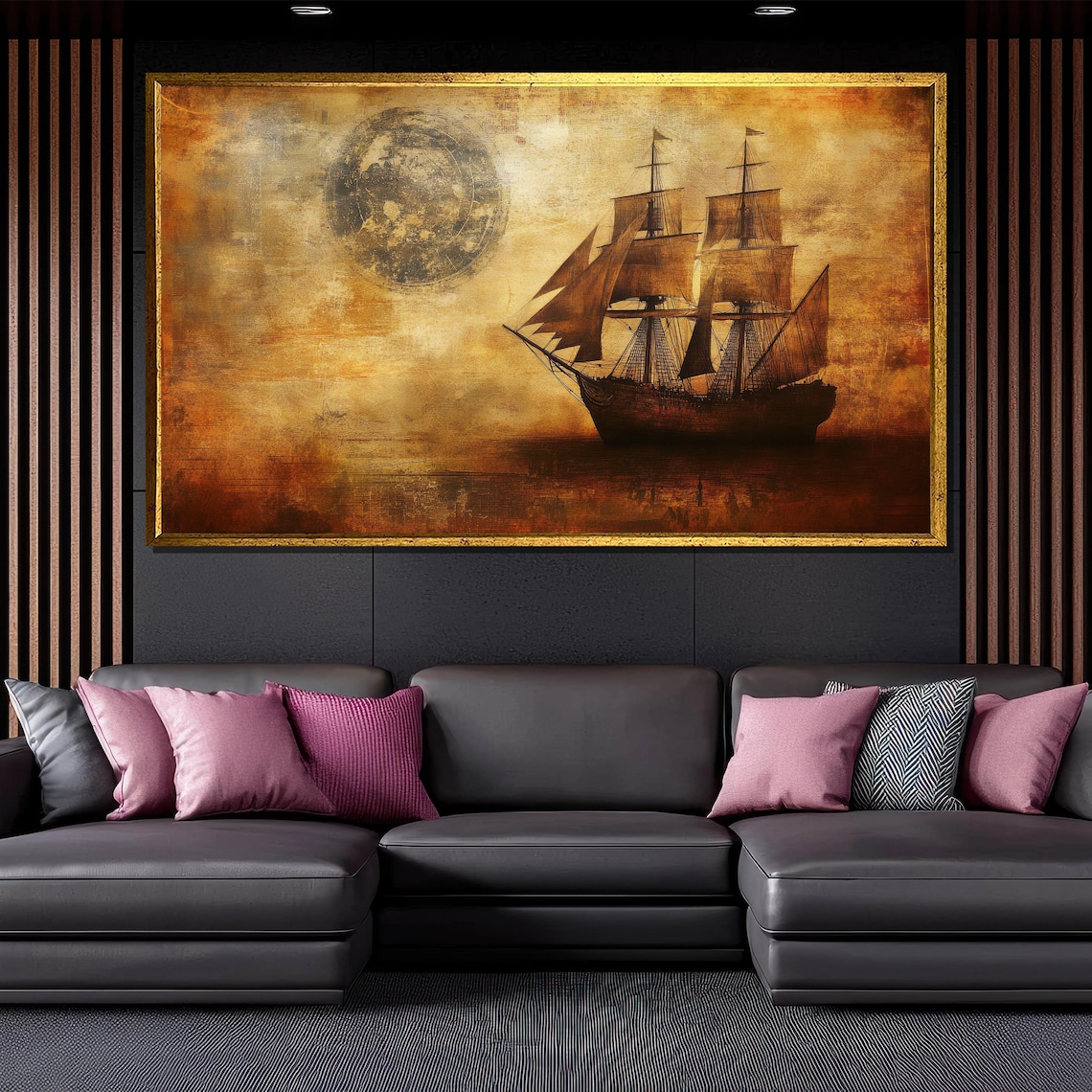 Vintage Tall Ship Full Moon Sepia Grunge Nautical Sailing Poster