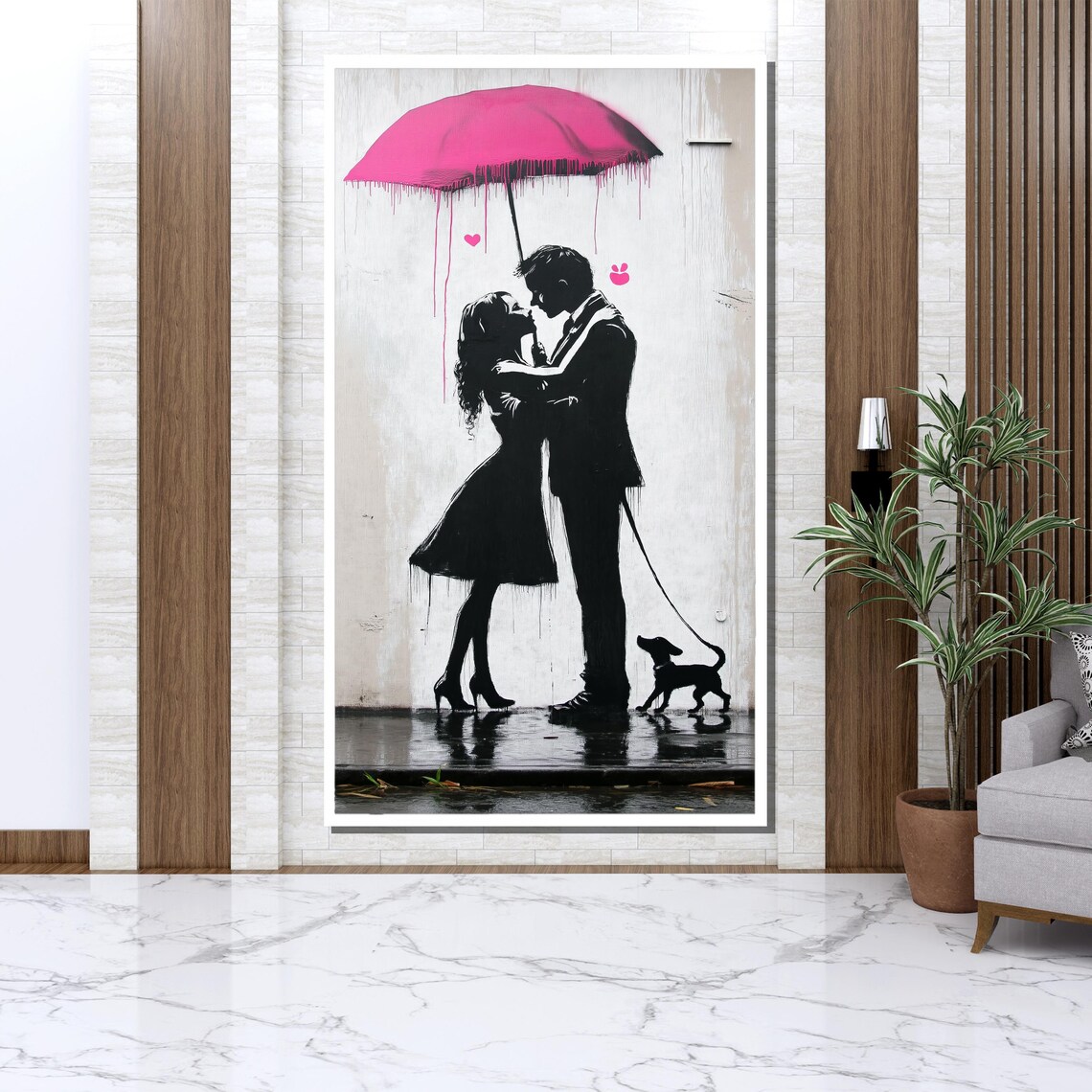 Couple Kissing Under Pink Umbrella Street Art Silhouette Wall Poster - Image 3