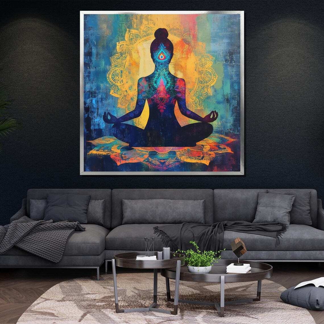 Meditating Woman Chakra Mandala Silhouette Vibrant Blue Orange Art Poster - Image 4