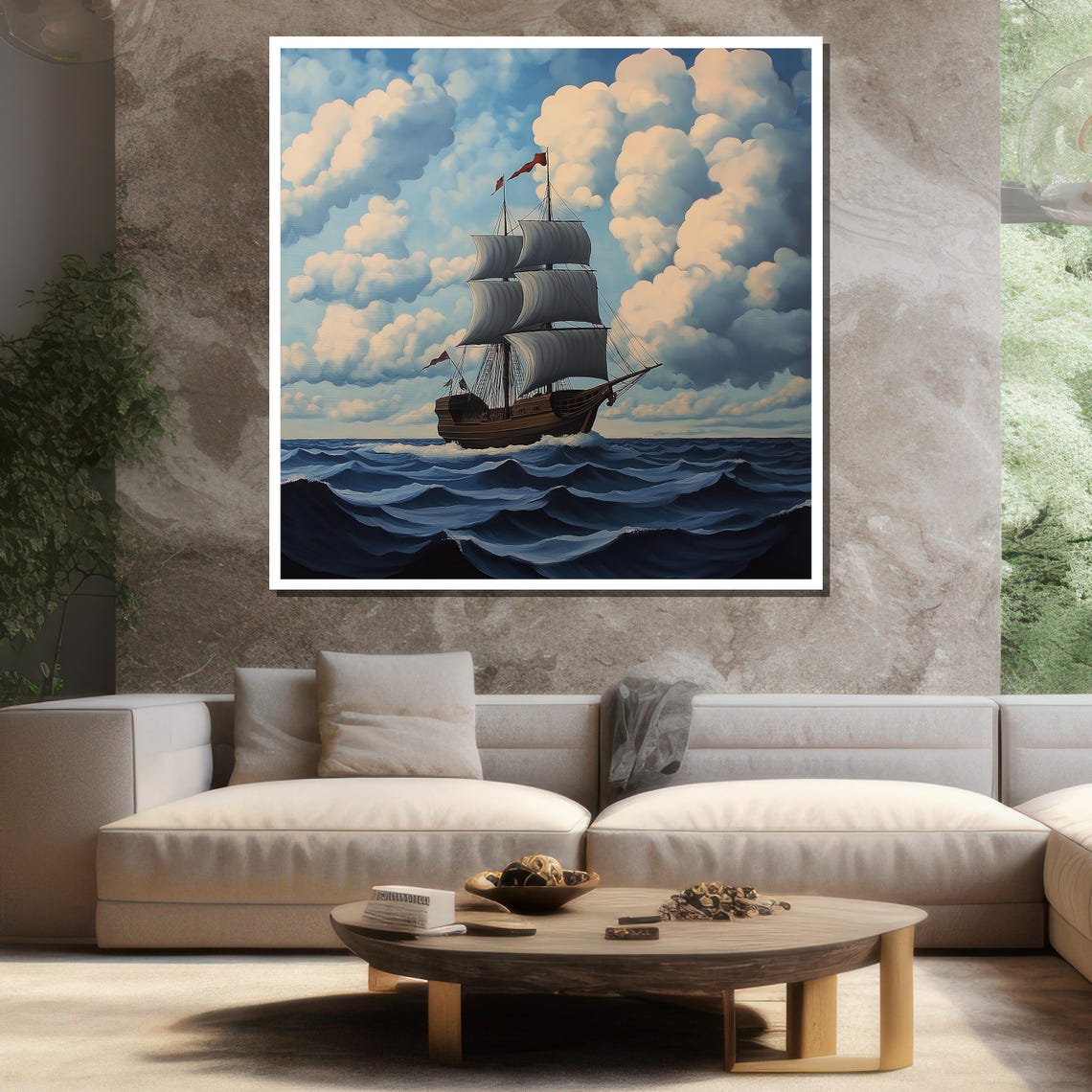Tall Sailing Ship On Ocean Waves Under Cloudy Sky Nautical Art Poster - Image 3