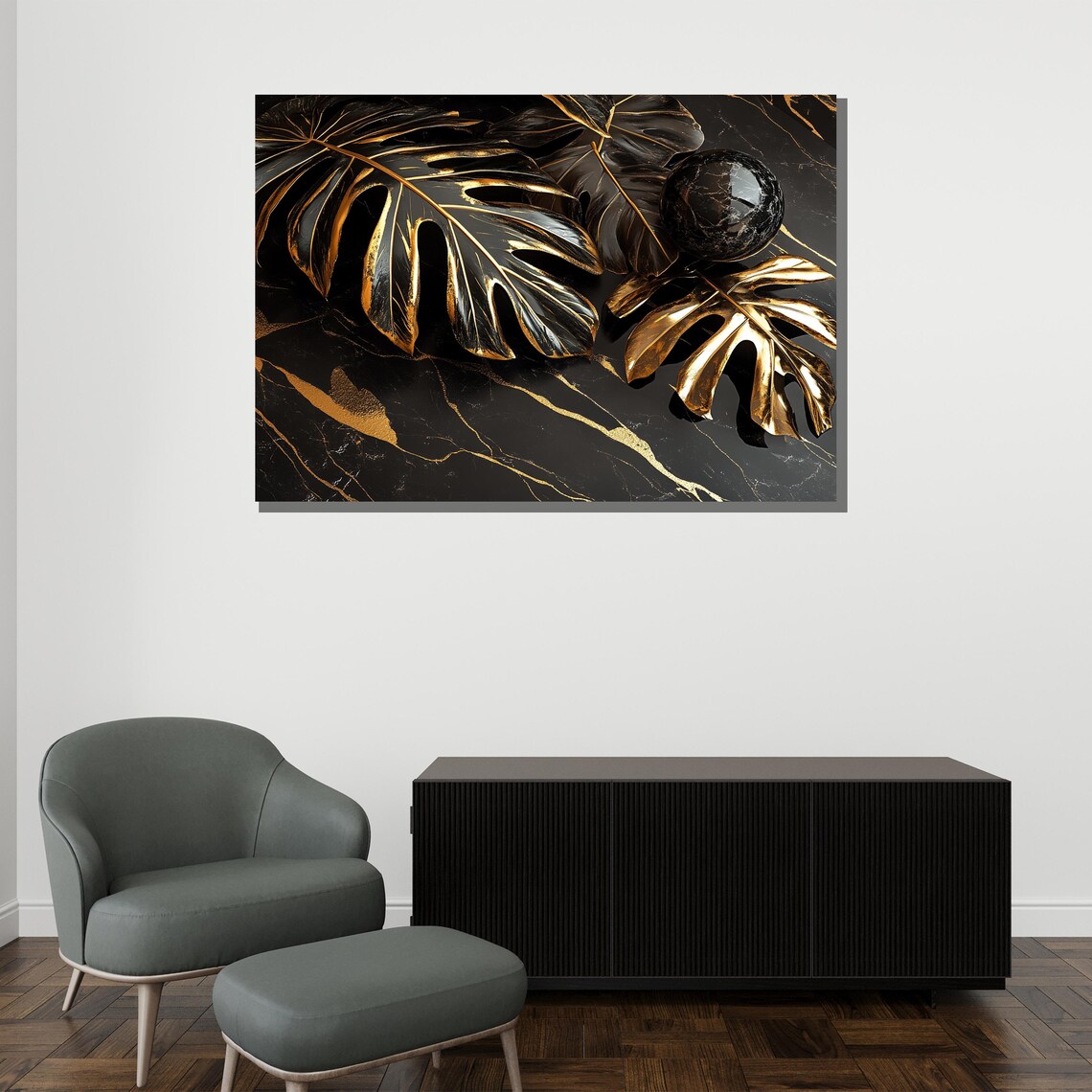 Black And Gold Monstera Leaves On Marble Luxury Abstract Art Poster - Image 2