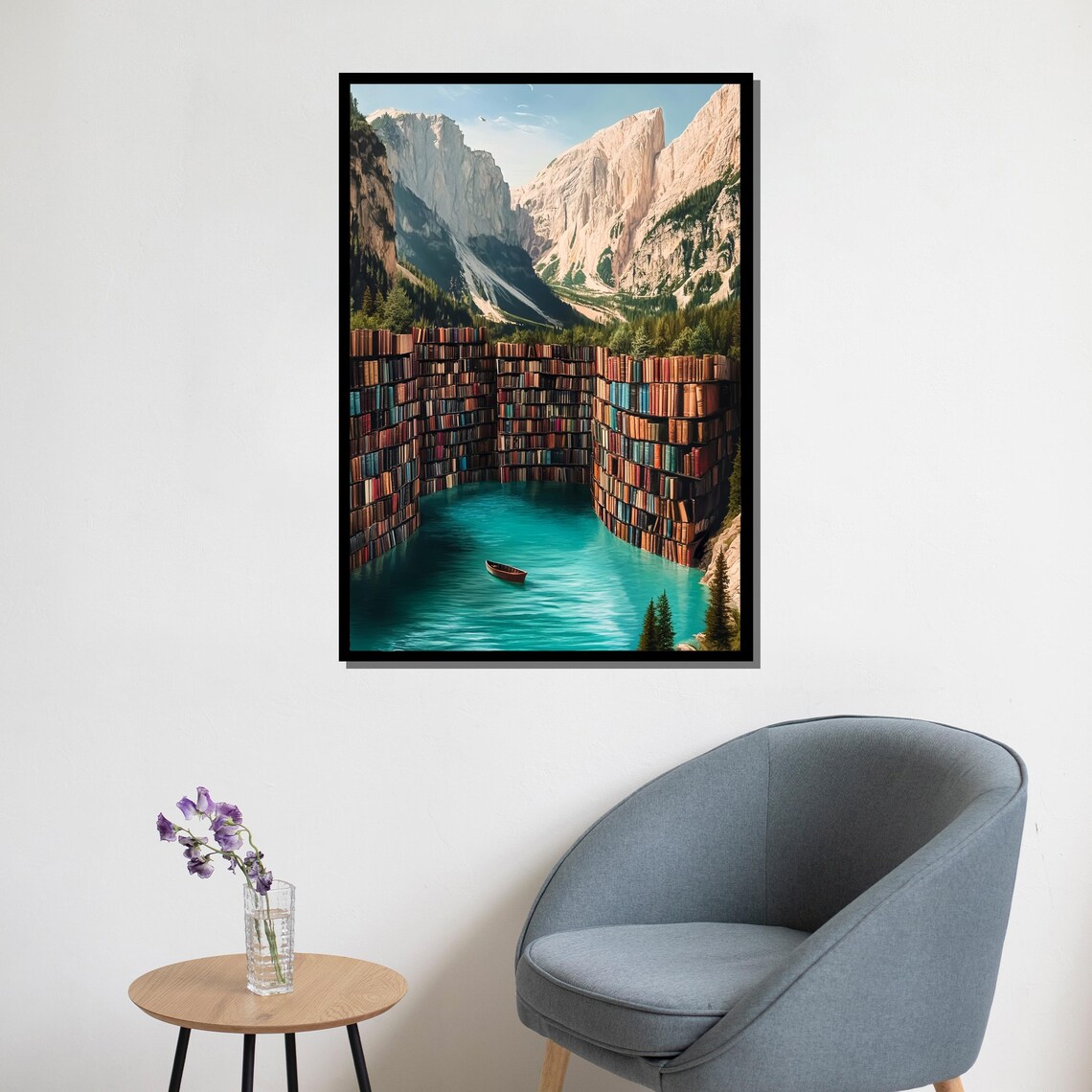 Surreal Bookshelf Lake Mountain Library Fantasy Painting Wall Poster - Image 5