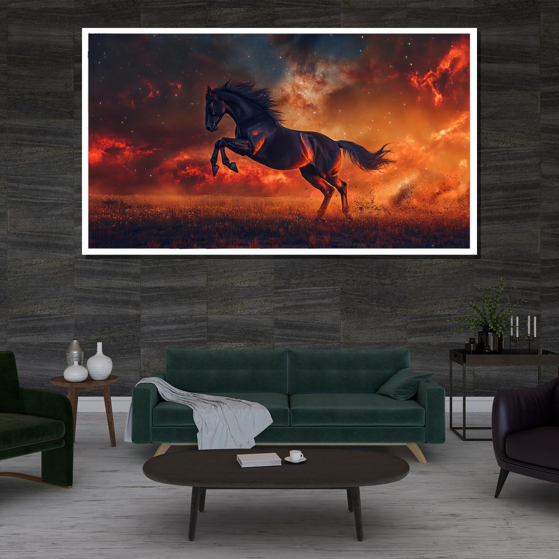 Black Horse Fiery Sky Bold Galloping Stallion Sunset Wall Art - Image 3
