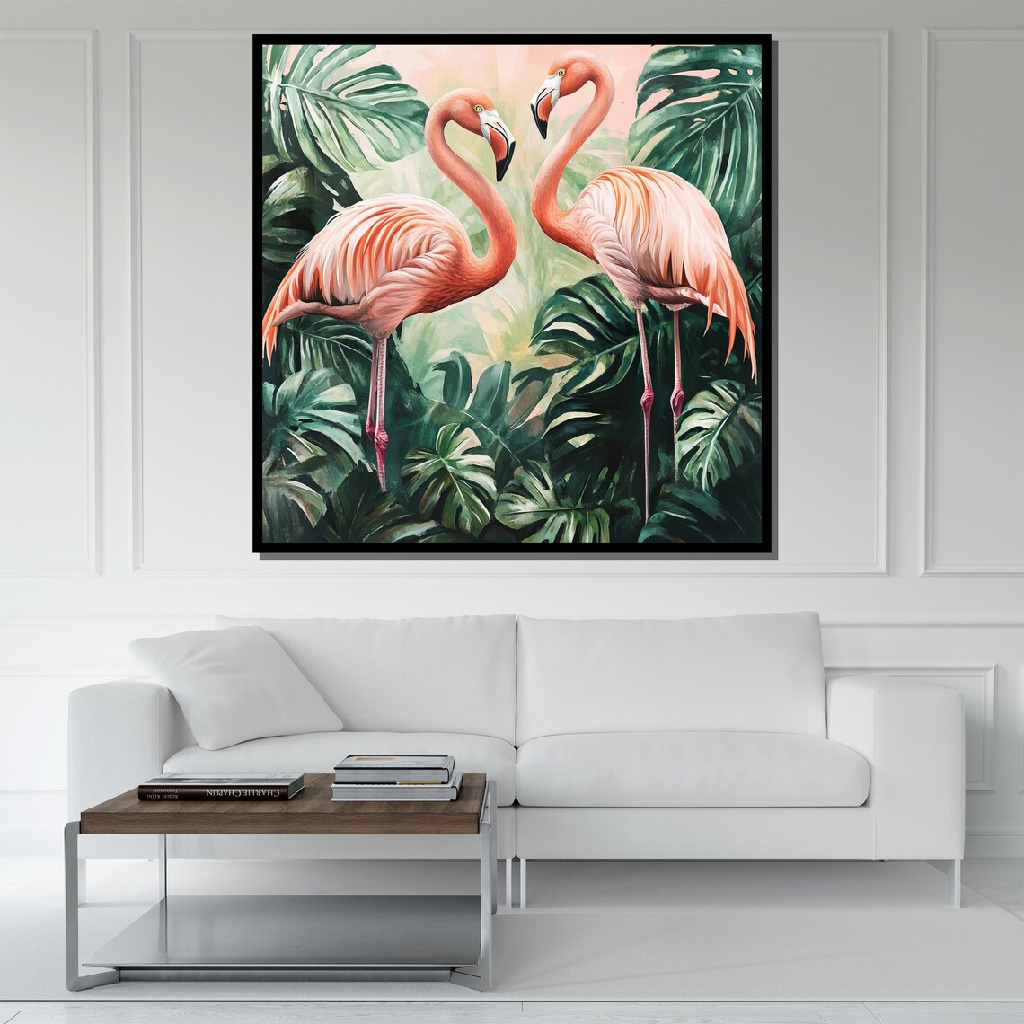 Two Pink Flamingos Monstera Leaves Tropical Watercolor Bird Art Poster - Image 5