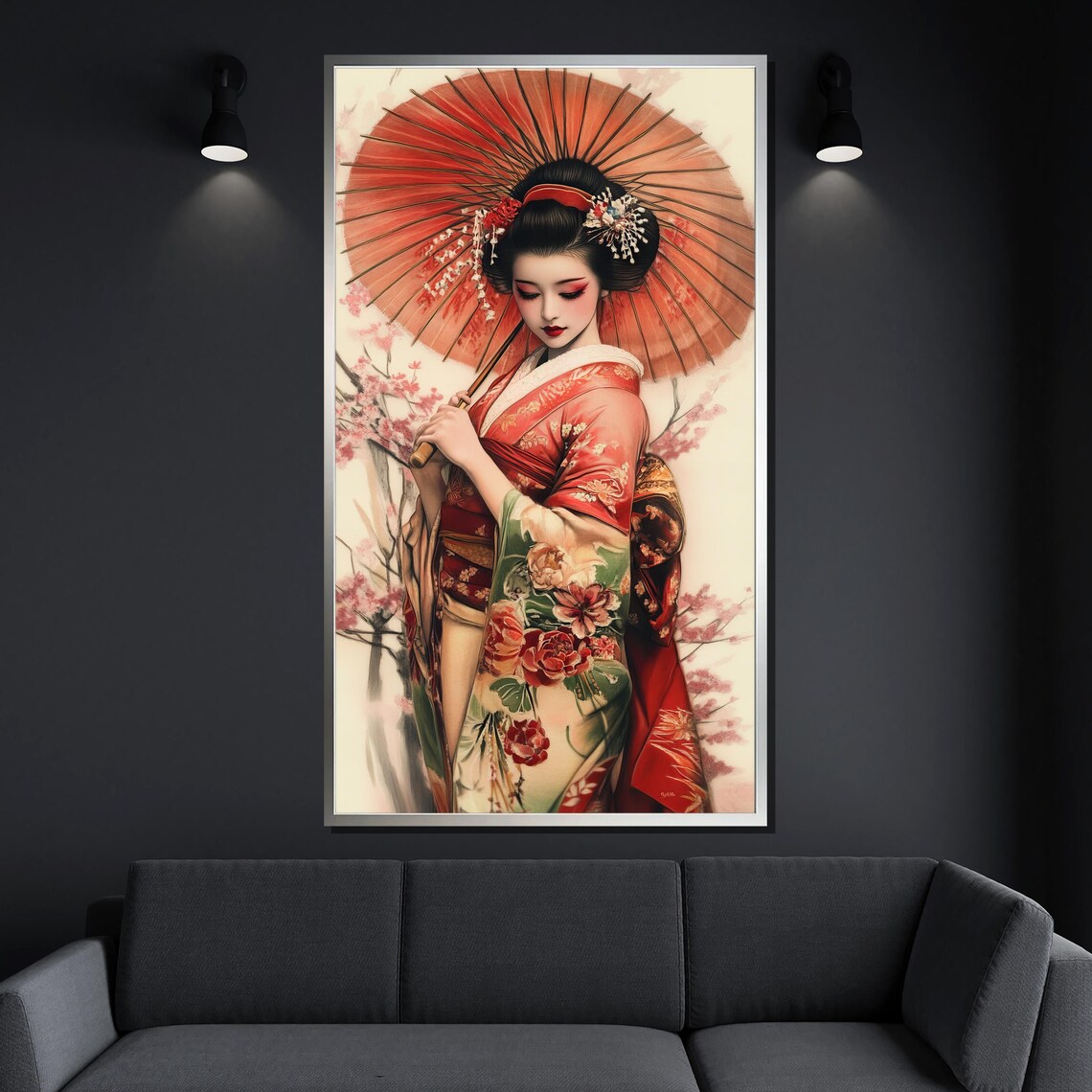 Traditional Geisha Red Kimono Parasol Cherry Blossom Japanese Wall Art - Image 4
