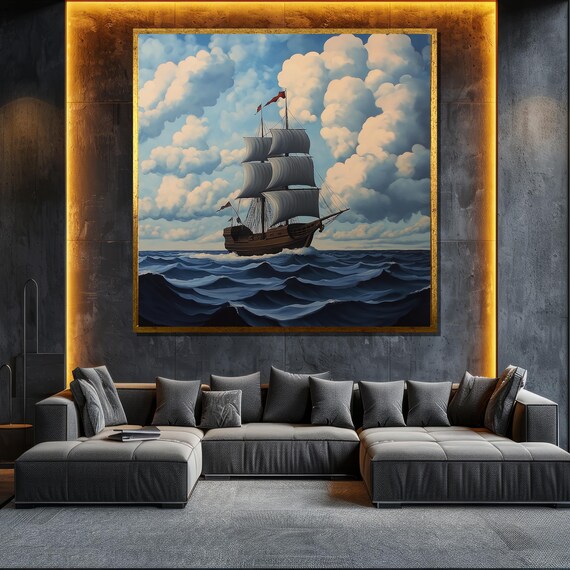 Sailing Ship On Ocean Waves Painting Nautical Maritime Wall Art Scenic Sea Landscape Coastal Home Decor Gift
