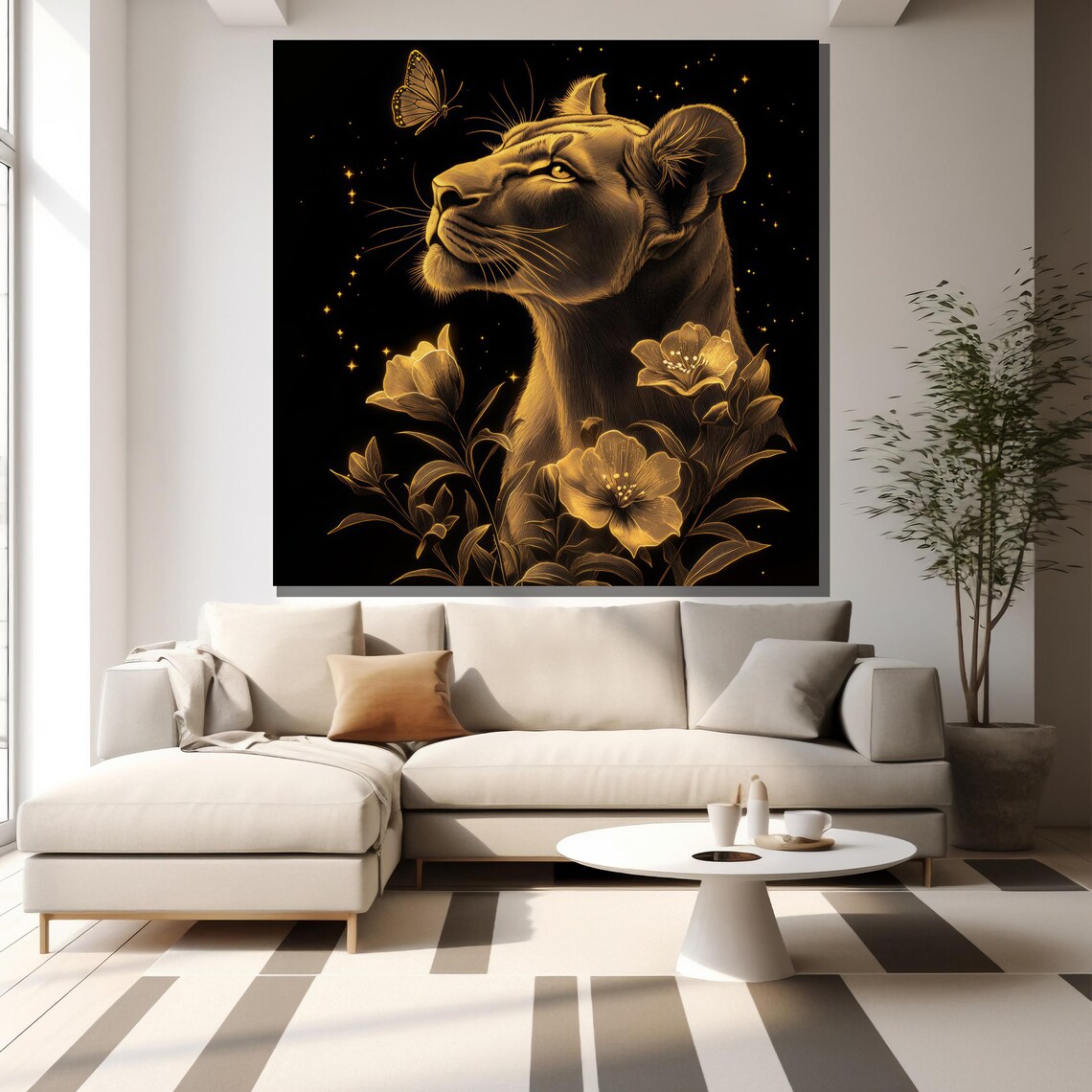 Lioness Golden Floral Elegant Black Gold Wildlife Butterfly Wall Art - Image 2
