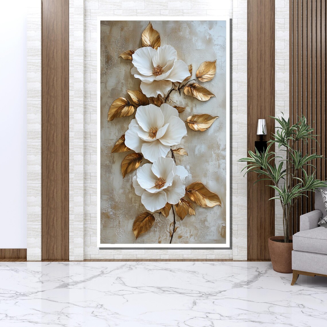 Gold And White 3D Floral Painting, Modern Art Print - Image 3