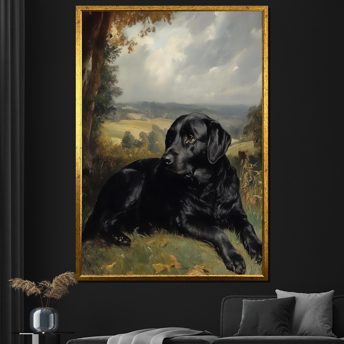 Black Labrador Countryside Classic Resting Dog Landscape Wall Art