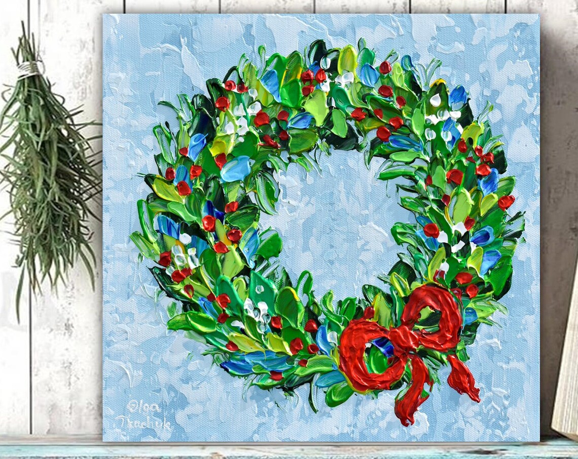 Holly Wreath Christmas Art Print, Holiday Decor