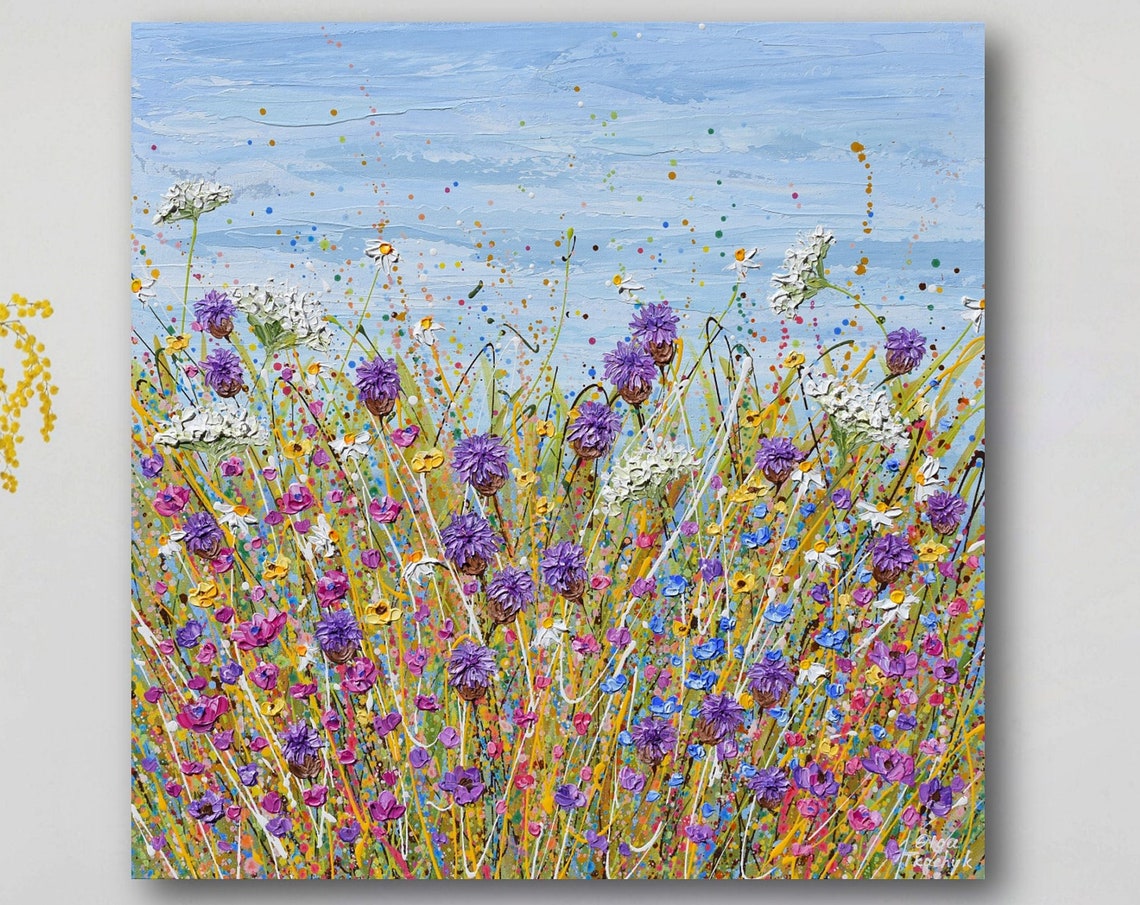 Purple Cornflower White Laceflower Meadow Square Impasto Art Print
