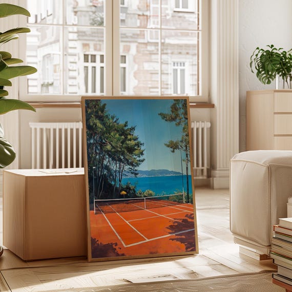 Oceanview Tennis Court Coastal Landscape Sports Painting
