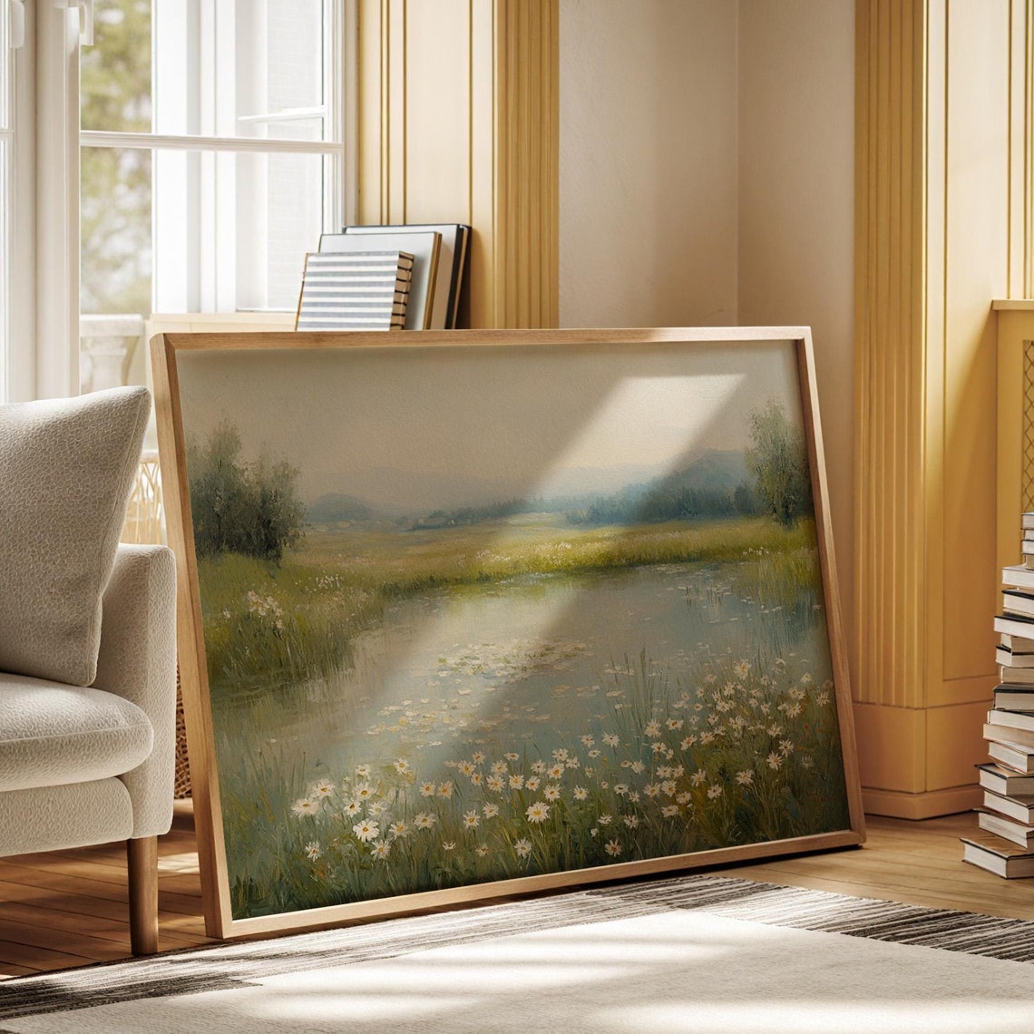 Tranquil Meadow Pond With Wild Daisies Serene Nature Wall Art For Peaceful And Elegant Home Or Office Decor