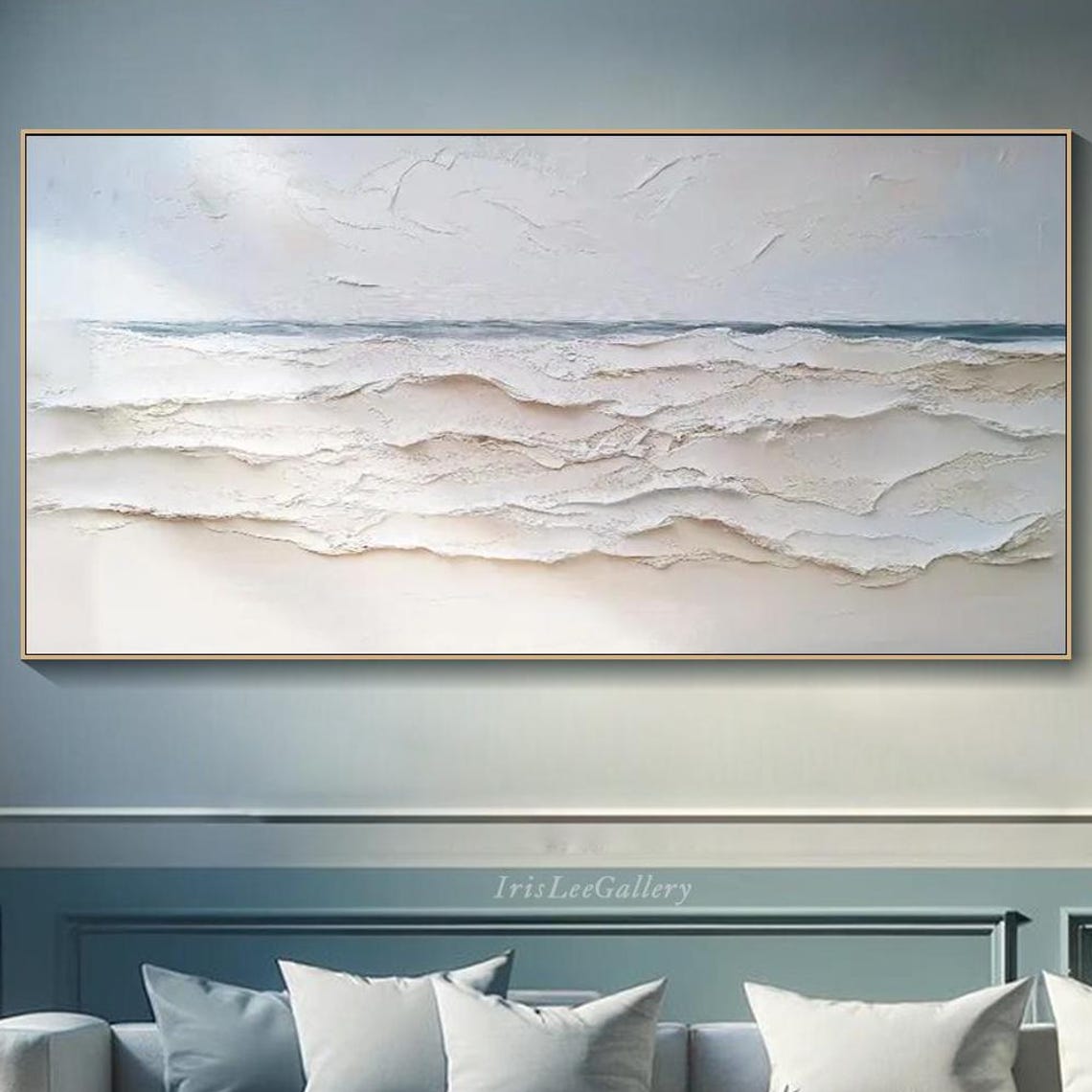 Neutral White Ocean Wave Panoramic 3D Textured Seascape Wall Art - Image 4