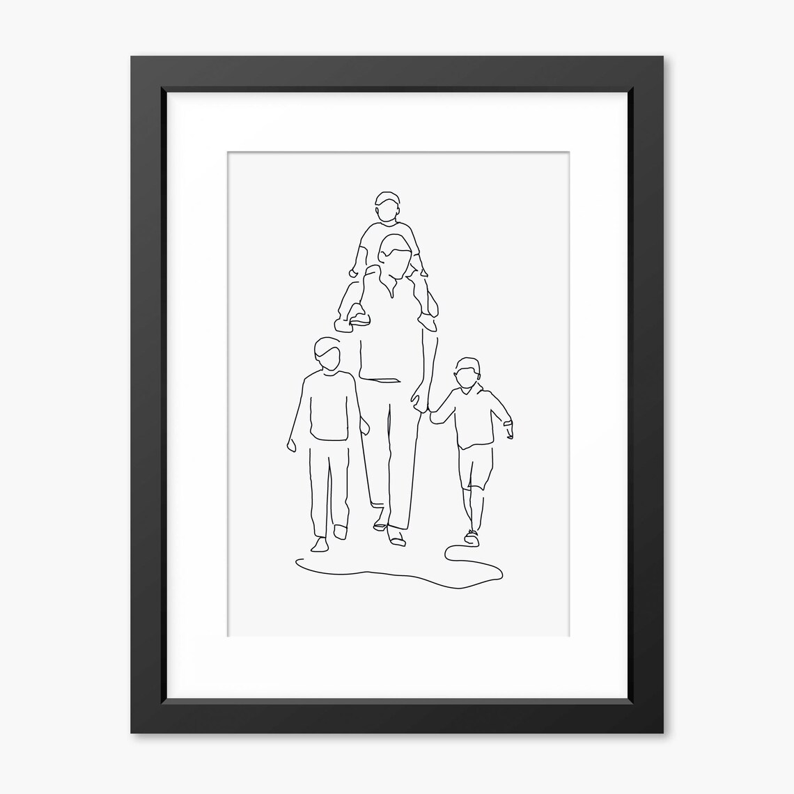 Father and Three Sons Strolling Together Sweet Line Art Poster