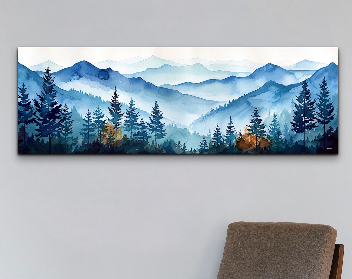 Foggy Blue Pine Forest Mountain Layers Watercolor Panorama Poster