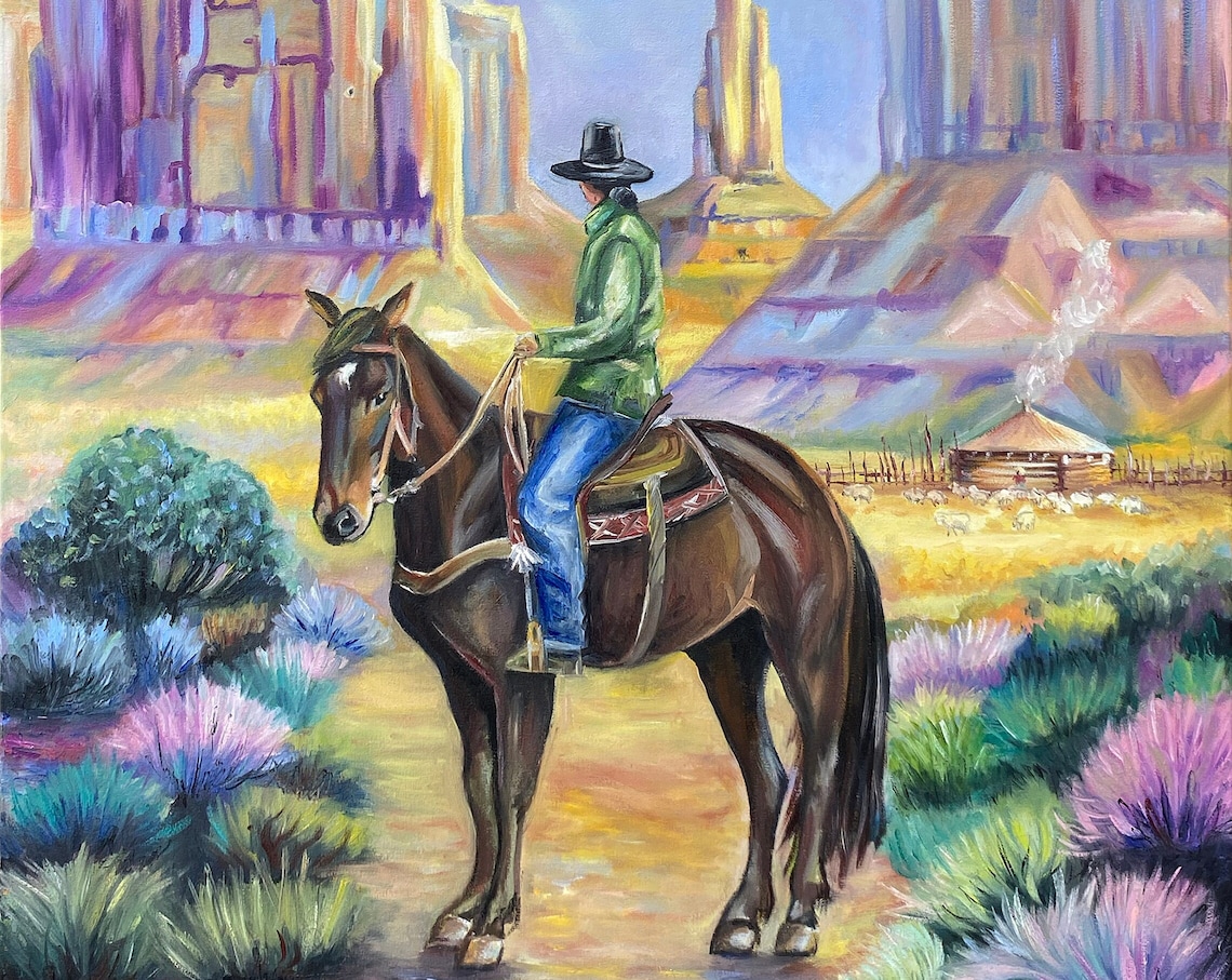 Cowboy Riding Horse In Desert Canyon Western Landscape Painting