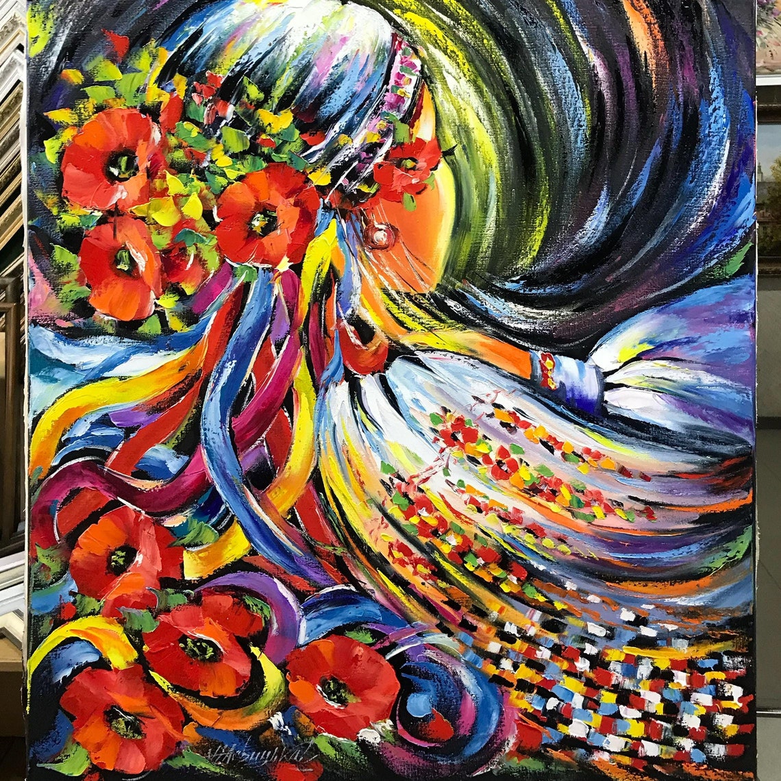Ukrainian Woman Painting Original Ukrainian Girl Art Ukraine Wall Art Woman With Wreath Painting Ukrainian Folk Art Ukrainian Gifts - Image 3
