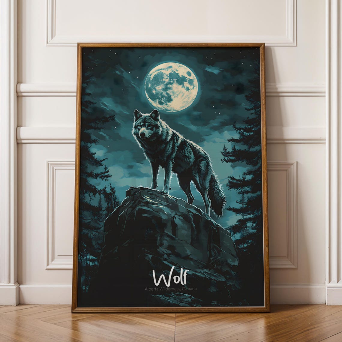 Wolf Print Northern Forest Animal Illustration Rustic Wildlife Art