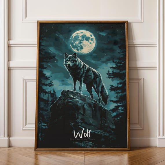 Wolf Print Northern Forest Animal Illustration Rustic Wildlife Art