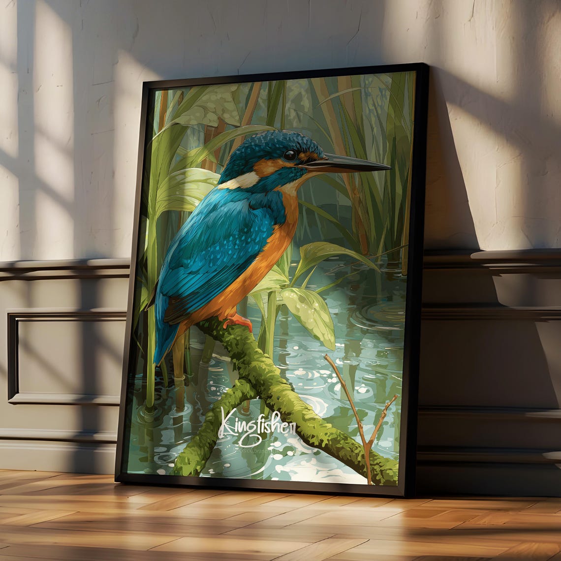 Common Kingfisher Perched on a Branch Over a Quiet River Poster