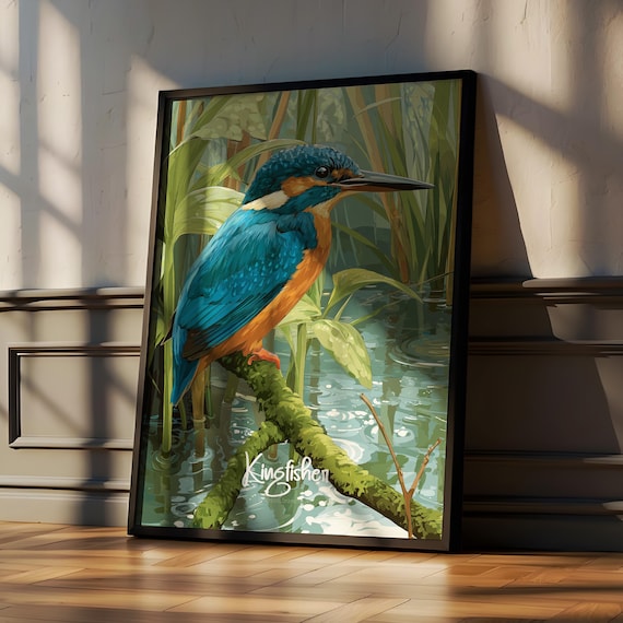Common Kingfisher Perched on a Branch Over a Quiet River Poster