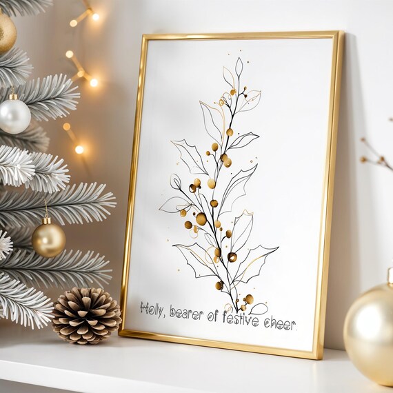 Minimalist Holly Branch with Gold Berries Botanical Christmas Print