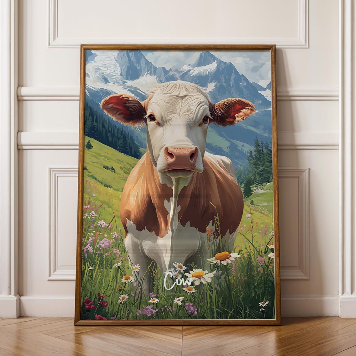 Brown White Cow in Alpine Meadow Daisy Field Farmhouse Poster
