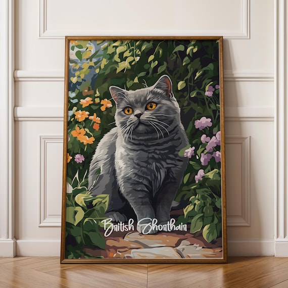 British Shorthair Cat in Blooming Flower Garden Portrait Print