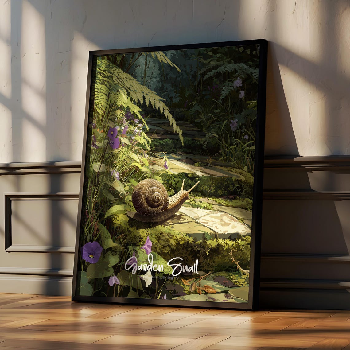 Whimsical Garden Snail Among Ferns Wildflowers Kids Room Wall Art