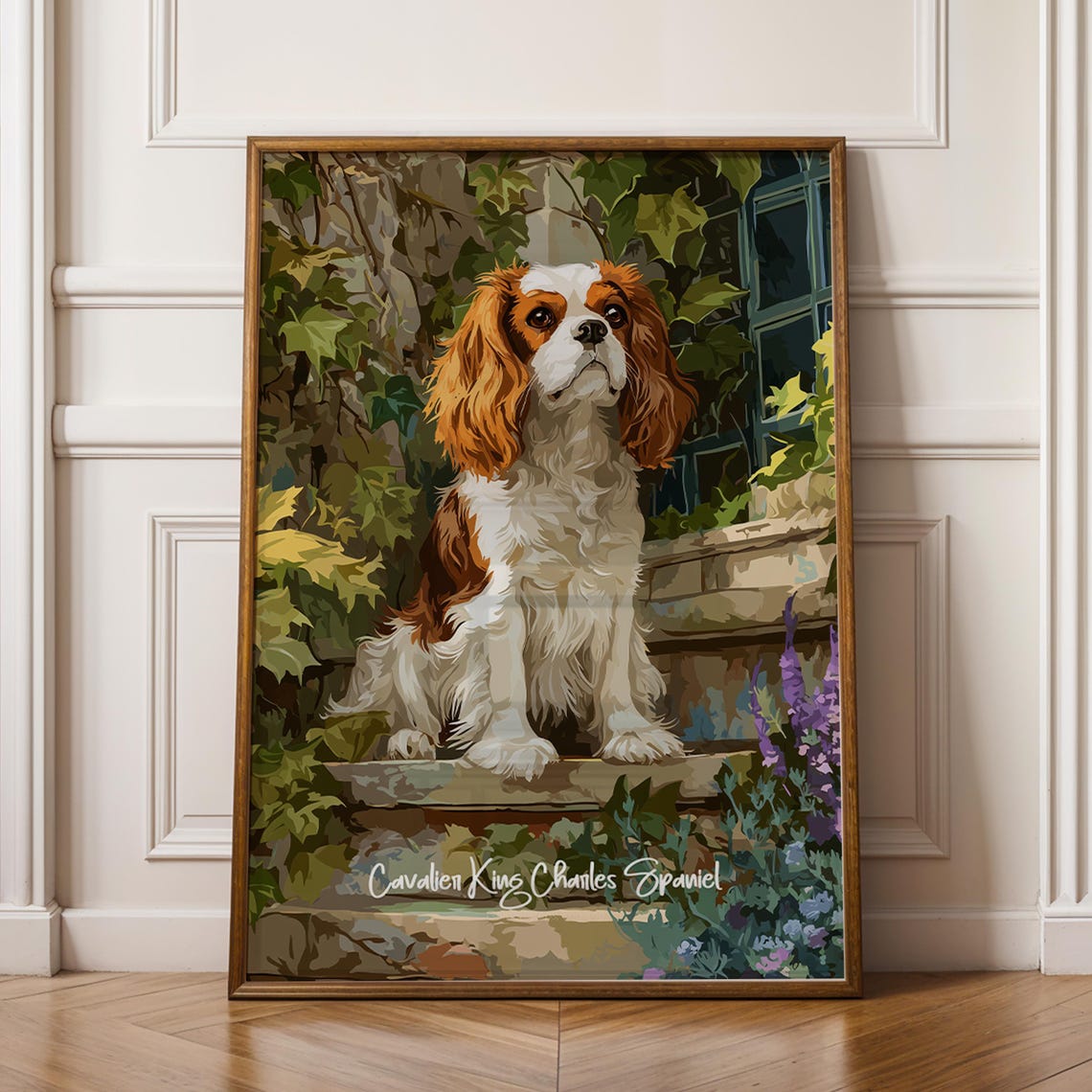 Cavalier King Charles Spaniel Sitting in Garden Portrait Dog Print