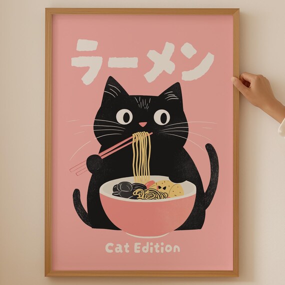 Black Cat Eating Ramen Pink Kawaii Japanese Noodle Bowl Cute Art Poster