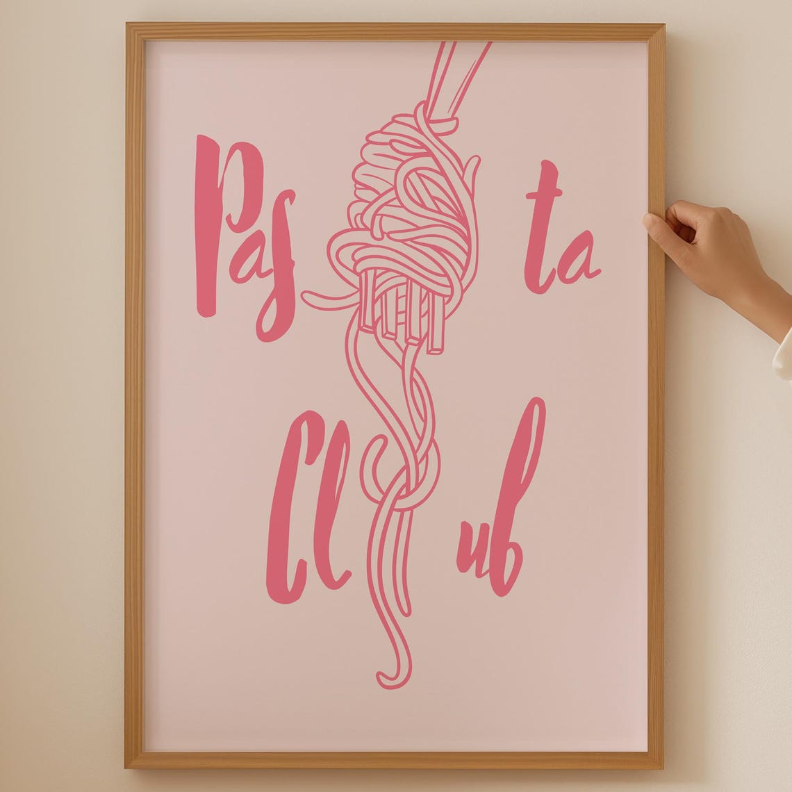 Pasta Club Pink Script Spaghetti Fork Kitchen Typography Art Print