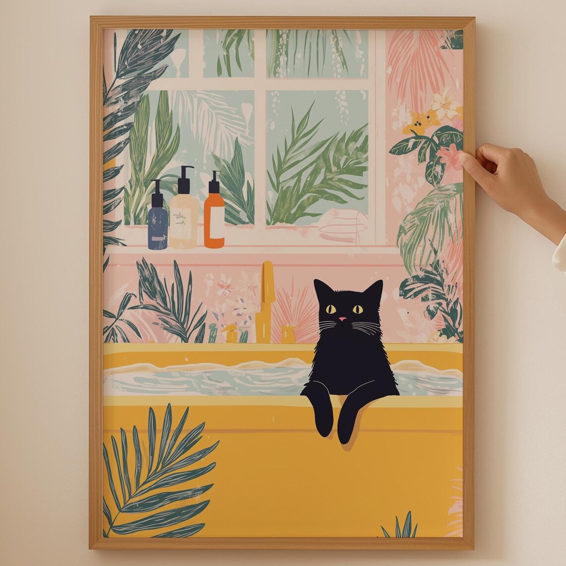 Funky Cat Bathtub Art Print, Trendy Funny Decor