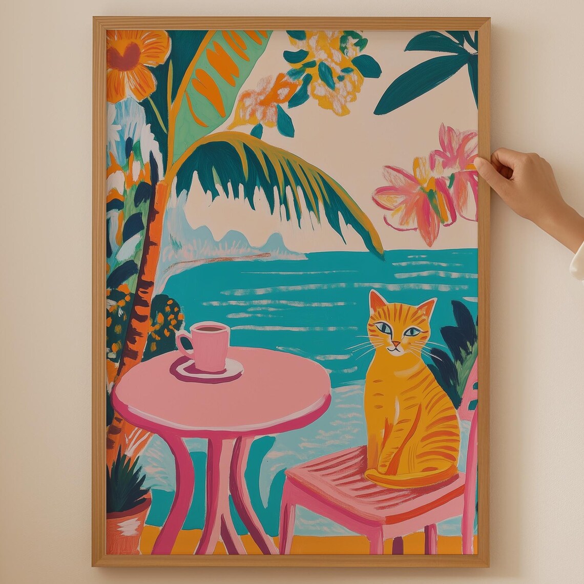 Orange Tabby Cat Beachside Pink Cafe Coffee Table Wall Poster