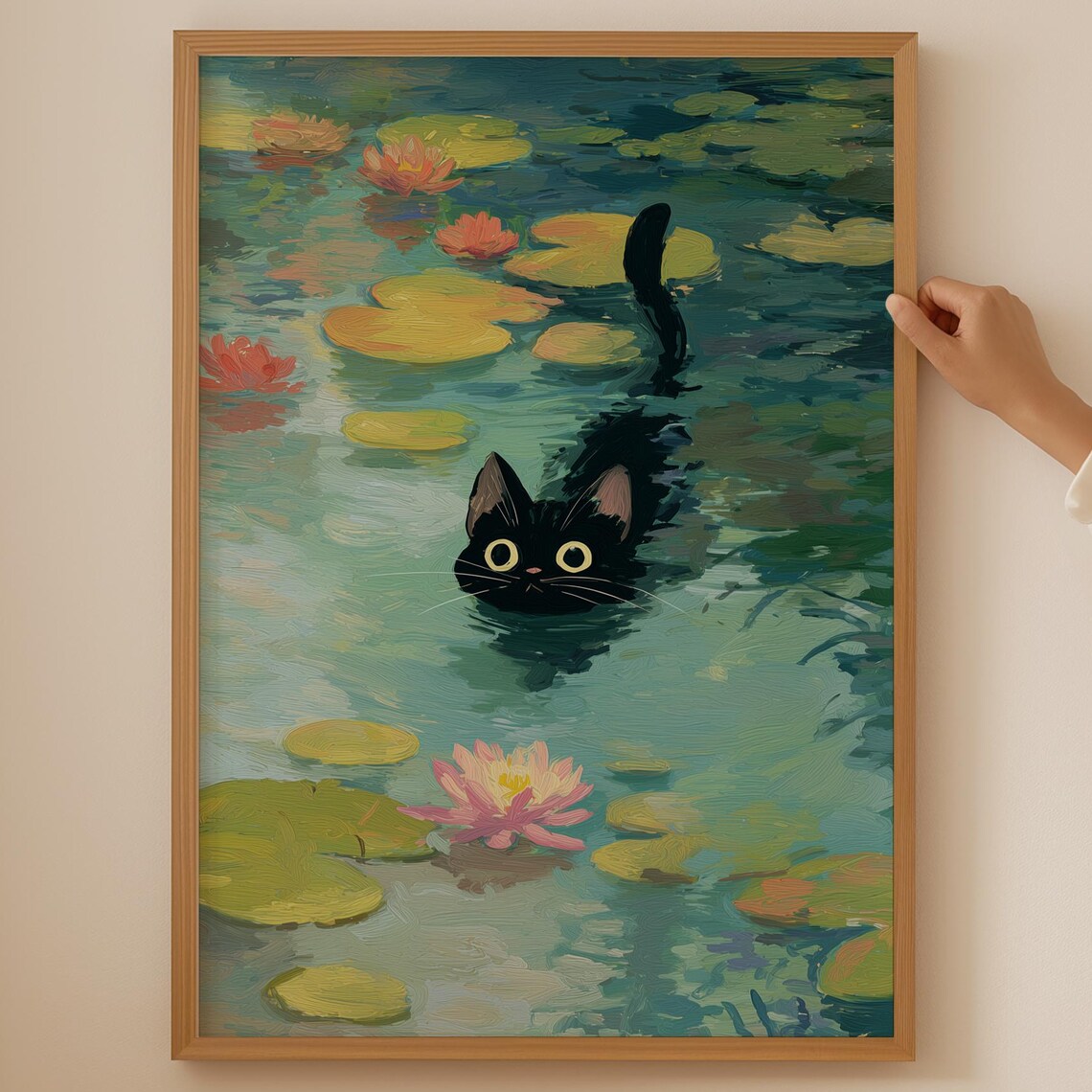 Funky Cat Waterlily Poster, Vintage Trendy Decor
