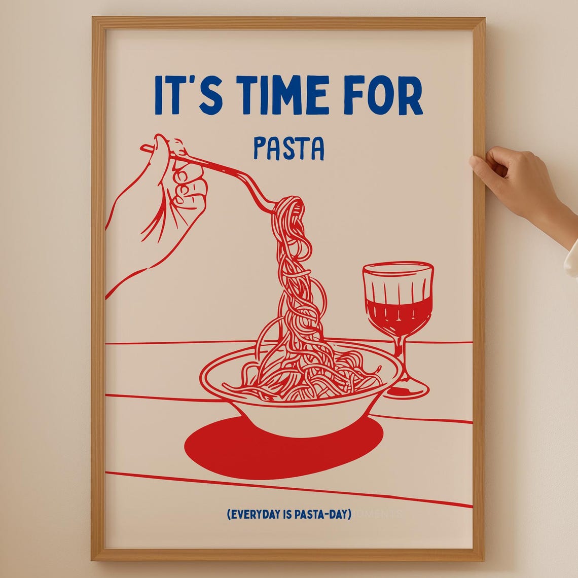 It's Time for Pasta Red Spaghetti Bowl and Wine Line Art Poster