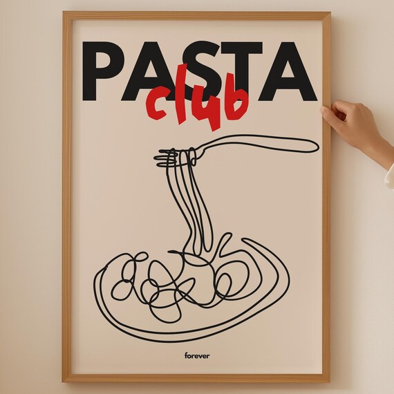 Pasta Club Forever Black Red Line Art Spaghetti Fork Art Print