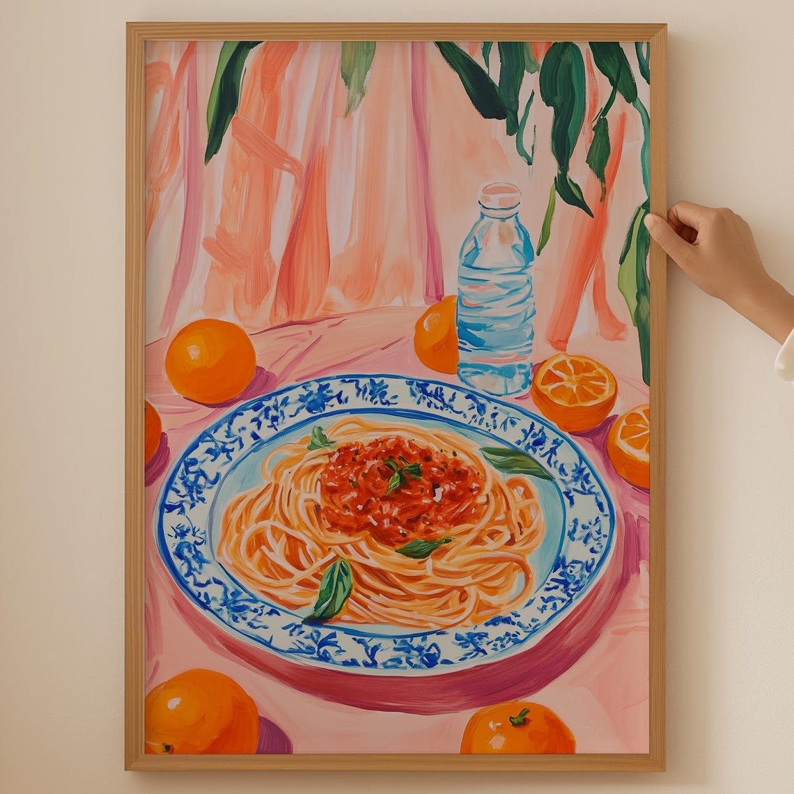 Spaghetti Pomodoro Plate with Oranges Pink Still Life Food Poster
