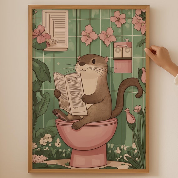Japandi Otter Wall Art Wabi Sabi Cherry Blossom Poster Japanese For Room Decor Trendy Gift Or Bathroom