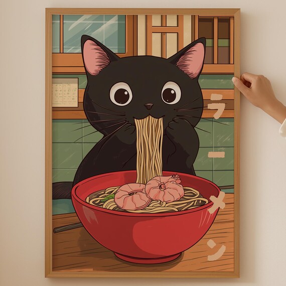 Black Cat Shrimp Ramen Red Bowl Cute Japanese Kitchen Kawaii Art Poster