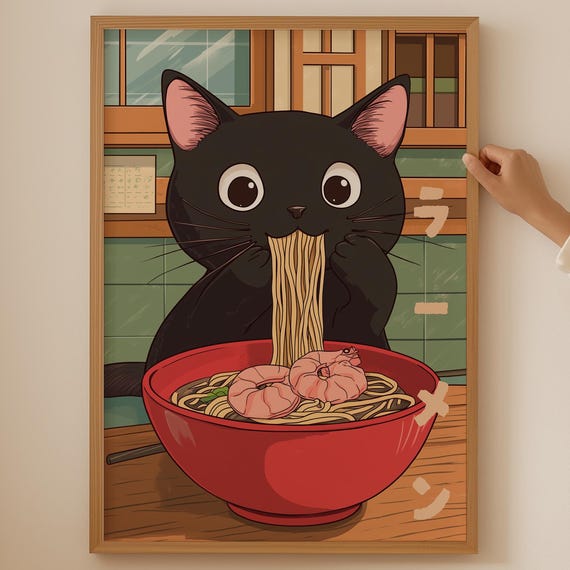 Cute Cat Japanese Ramen Bowl Poster Japandi Noodle Lover Wall Art Gift Trendy Chopstick Print For Asian Kitchen Room Decor