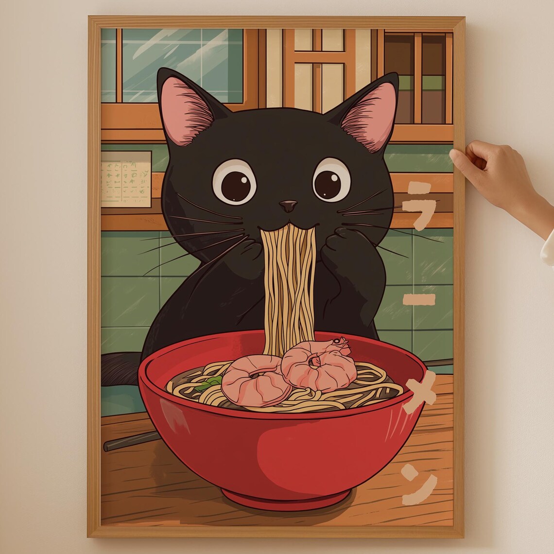 Black Cat Shrimp Ramen Red Bowl Cute Japanese Kitchen Kawaii Art Poster