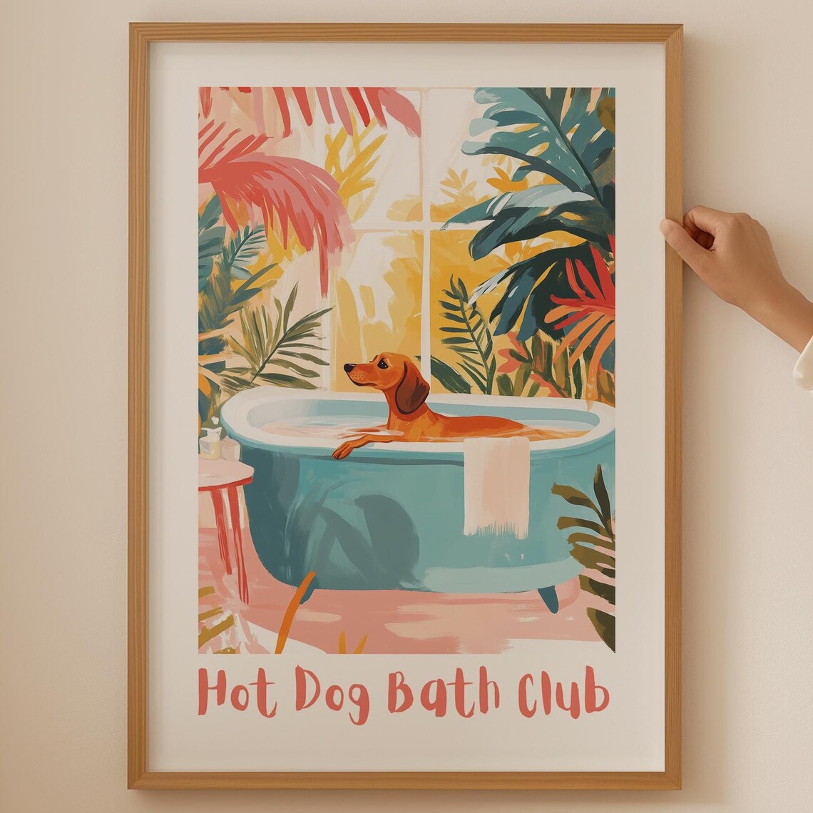 Hot Dog Bath Club Funny Dachshund Bathtub Poster Tropical Bathroom
