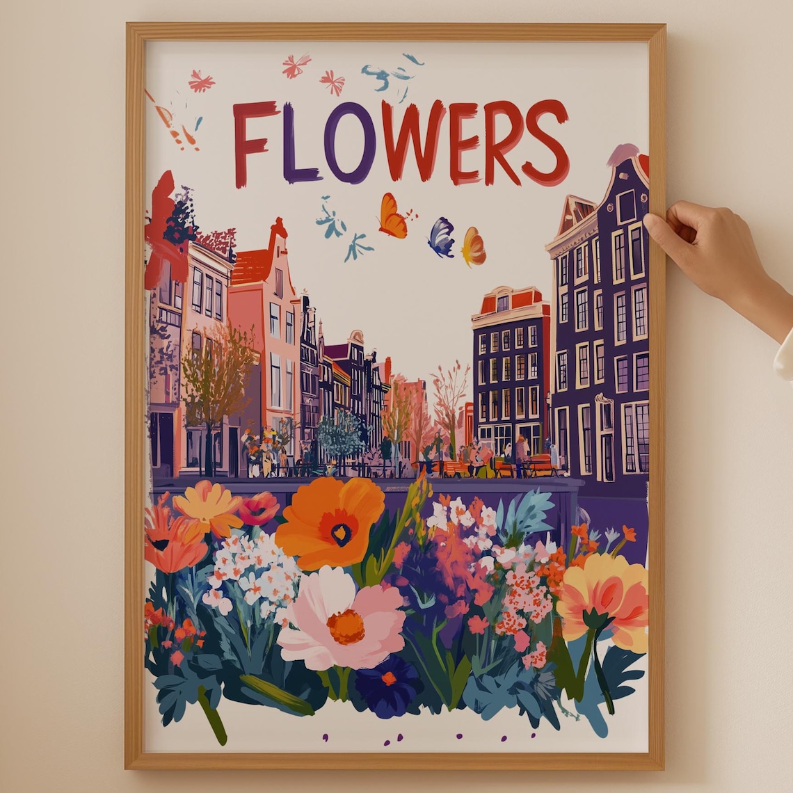Amsterdam Flower Market Poster Canal Street Scene with Blossoms