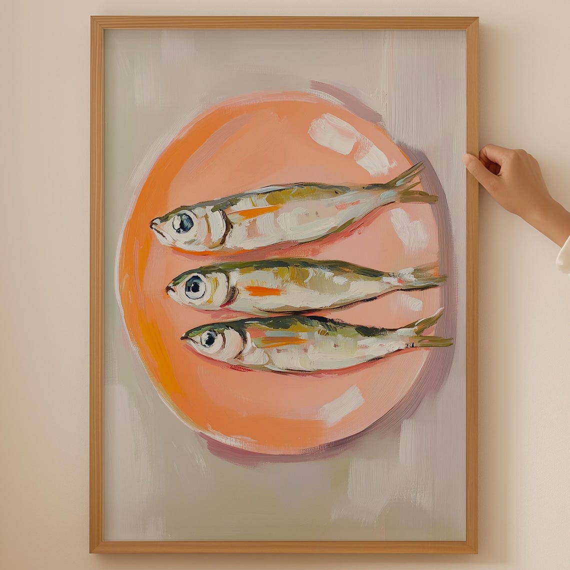 Three Painted Sardines Arranged on an Orange Plate Kitchen Art Poster