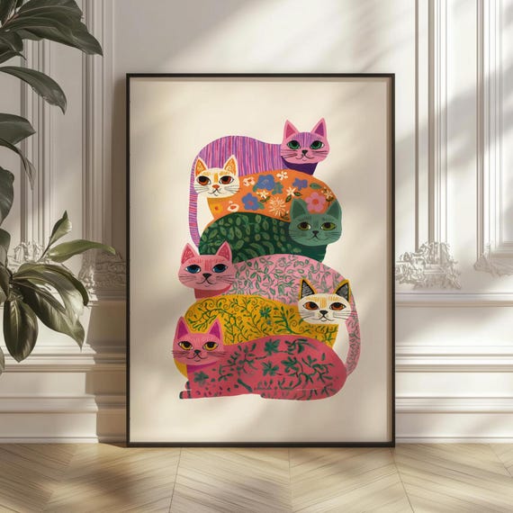 Colorful Cats Stack Poster, Whimsical Folk Art