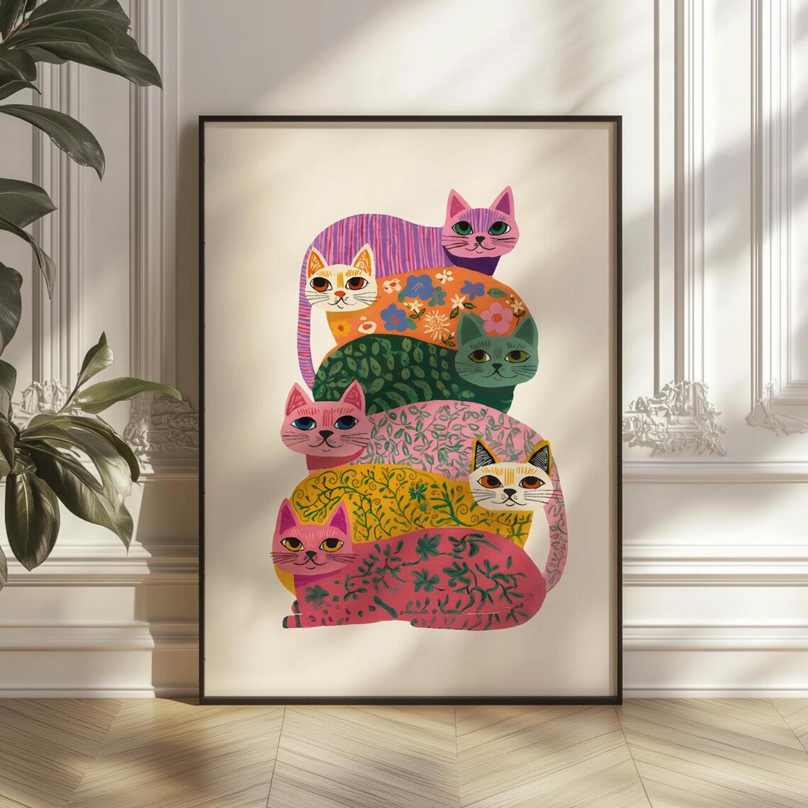 Colorful Cats Stack Poster, Whimsical Folk Art