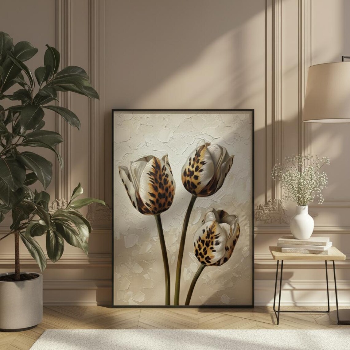 Leopard Tulip Oil Painting Print, Botanical Wall Art
