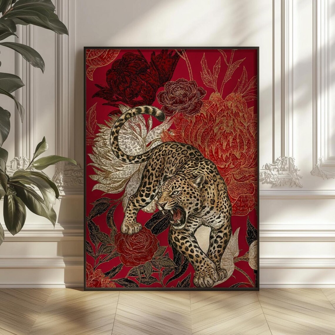 Roaring Leopard Vintage Botanical Animal Poster
